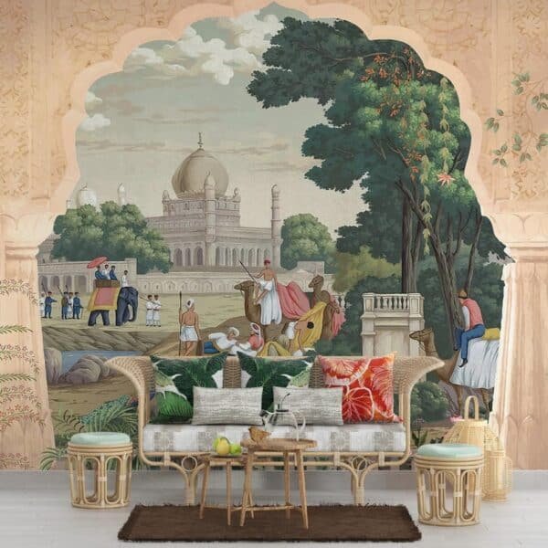 Vintage Landscape of India Wallpaper, Taj Mahal Culture Mughal Mural, Traditional Indian Wall Covering with Arch, Peacock, Elephant & Camel