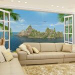 Ocean and Mountainous Island Window View Wallpaper Mural