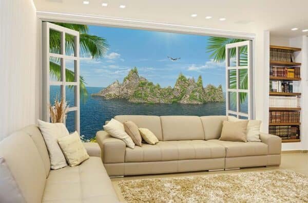 Ocean and Mountainous Island Window View Wallpaper Mural