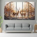 interior mural painting wall art decor wallpaper golden stag with dark gold forest trees deers
