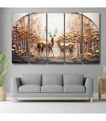 interior mural painting wall art decor wallpaper golden stag with dark gold forest trees deers