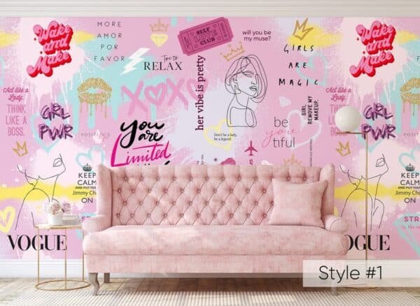 Girls Graffiti Print Wallpaper  Pink Abstract Mural - Beauty Room Salon Spa Design Removable Wall Decal