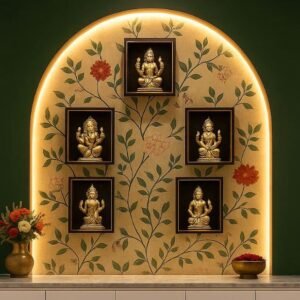 Premium 3D Pooja Room Wallpaper - Golden Arch & Floral Mandir Design with Divine Idols Theme