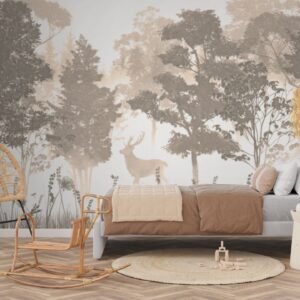 Foggy forest nursery wallpaper with deer and trees