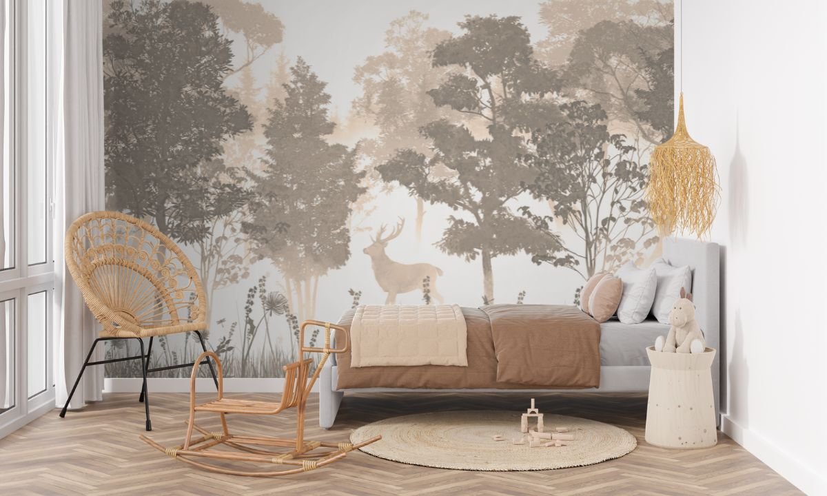 Foggy forest nursery wallpaper with deer and trees