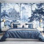 Blue monochrome forest wallpaper with vintage architectural dome sketch