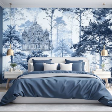 Blue monochrome forest wallpaper with vintage architectural dome sketch