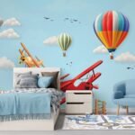 3D Effect Hot Air Balloon and Airplanes Kids Wallpaper Mural