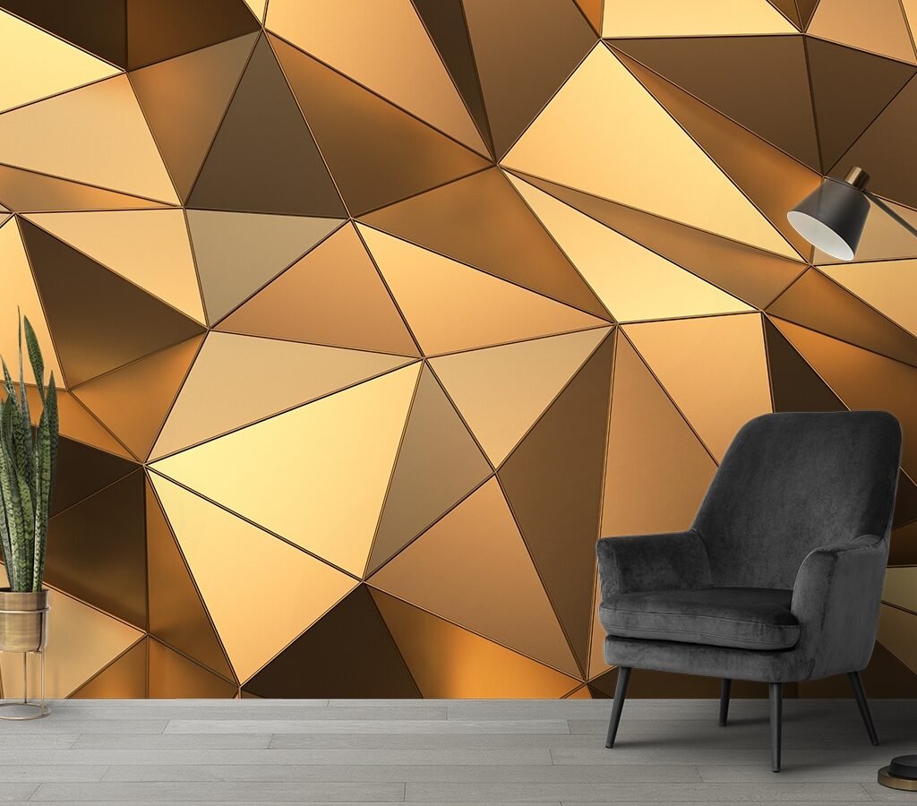 3D Golden Triangle Pattern Wallpapers for Living Room