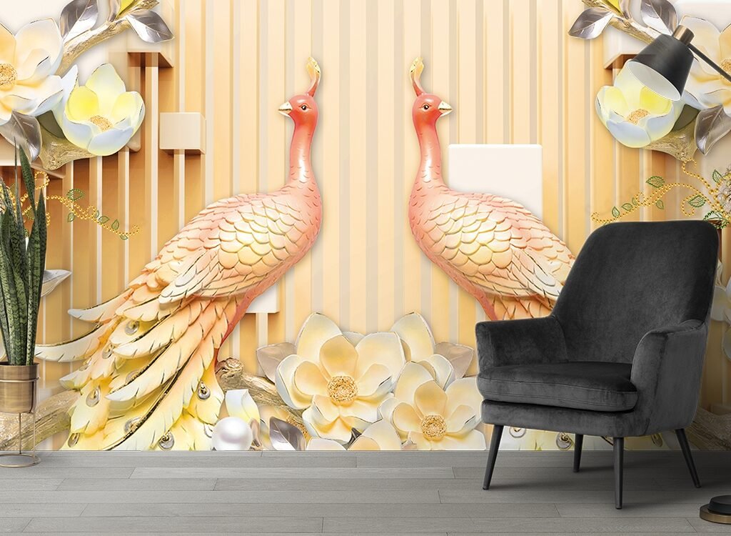 3D Peacocks and Flowers Wallpaper for Living Room