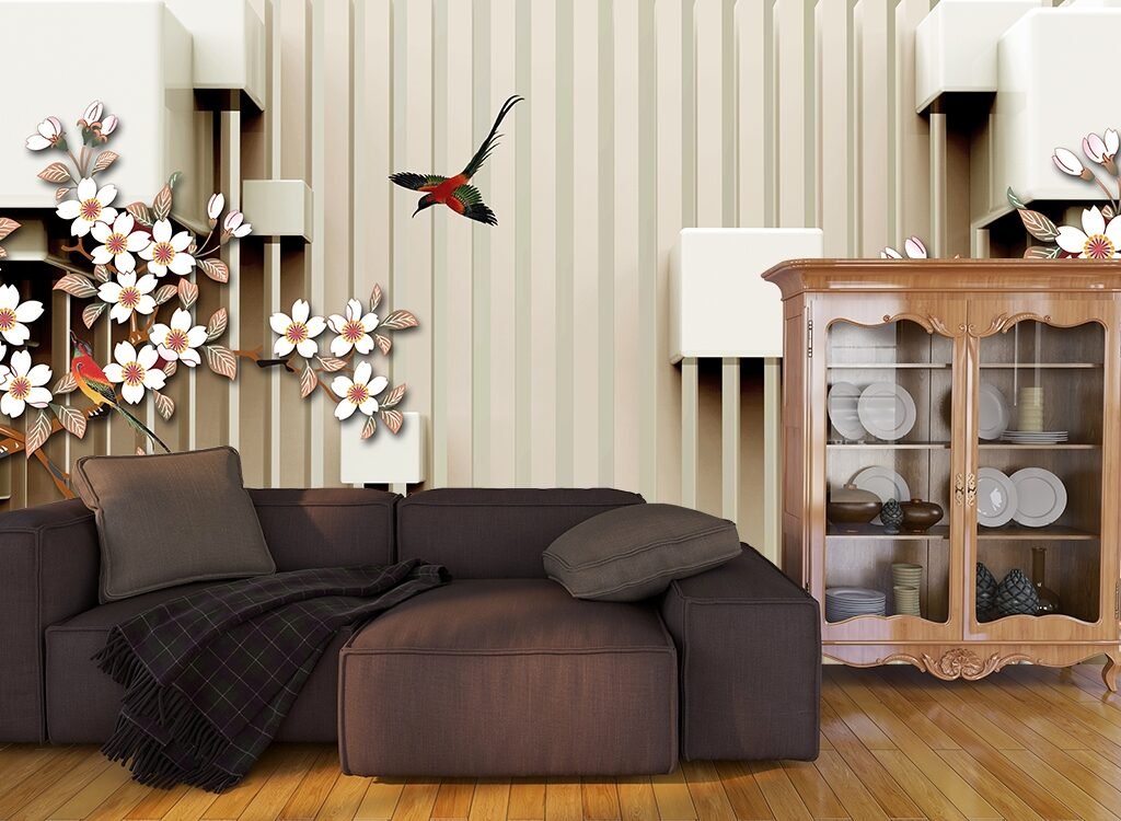 3D Wall With Flowers and A Bird Wallpaper for Living Room