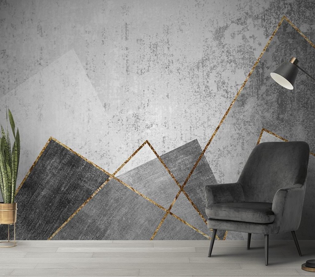 Grey-and-Gold-Pattern Wallpaper Living Room with gold lines