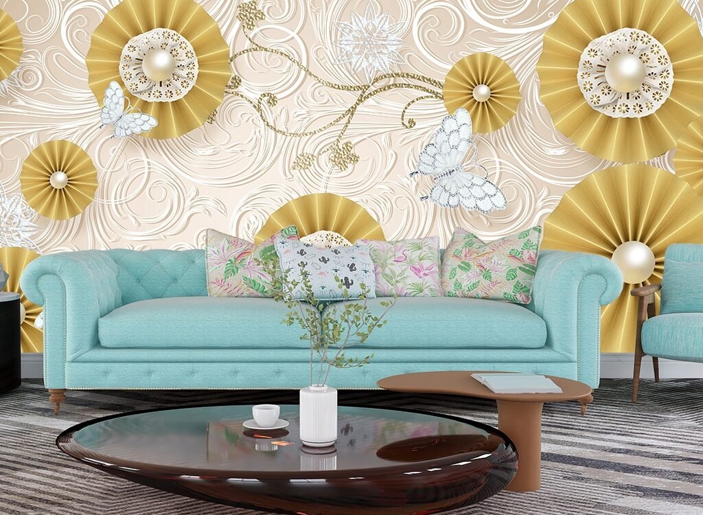 Luxury Living Room Gold Floral Butterfly Wall Wallpaper