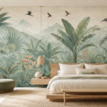 Tropical Banana Leaf Wallpaper Mural with Misty Mountains & Hornbill Birds