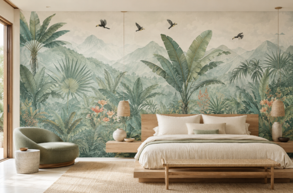 Tropical Banana Leaf Wallpaper Mural with Misty Mountains & Hornbill Birds