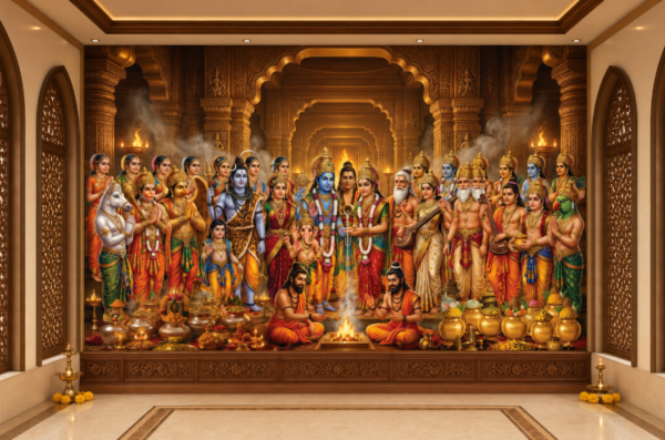 Hindu Gods and Goddesses Temple Wallpaper Mural with Sacred Havan Ceremony
