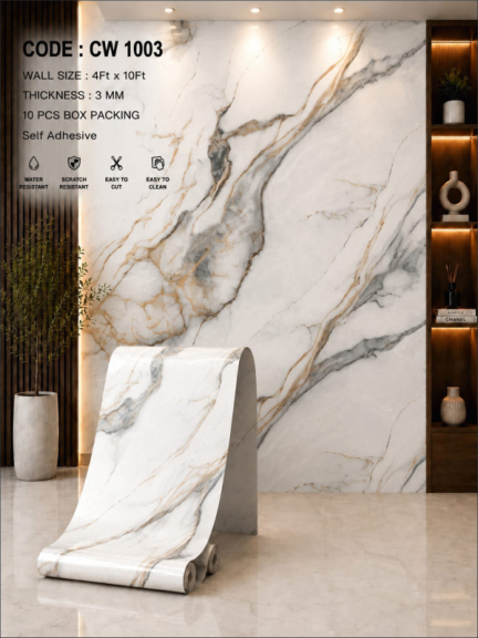 White Gold Crack Marble Design | Waterproof PVC Wall Panel