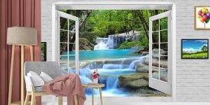 3D Scenic Waterfall Through Window Wallpaper