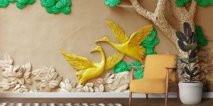 A wall with birds and flowers