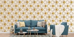 A white and gold background with gold balls