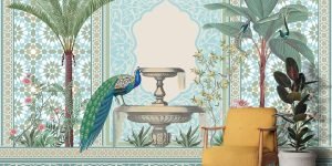 Peacock Wallpaper, A peacock drinking from a fountain